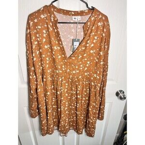 Tentree Willows Collared Tiered Long Sleeve Floral Dress Toffee Orange Sz L NWT